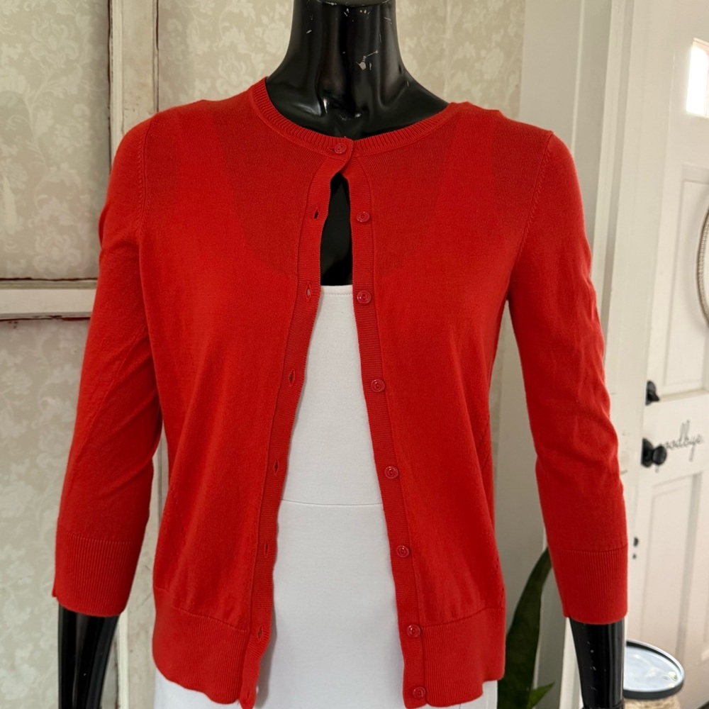 Loft Orange Crewneck Cardigan 3/4 Sleeves 100% Cotton Sweater Size Small
